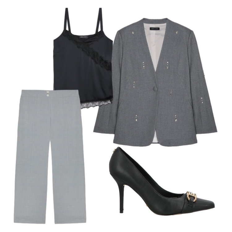Outfit donna - Fiorella Rubino. Stile Mannish per Ufficio. Abbinamento con décolleté, top, pantaloni, blazer.
