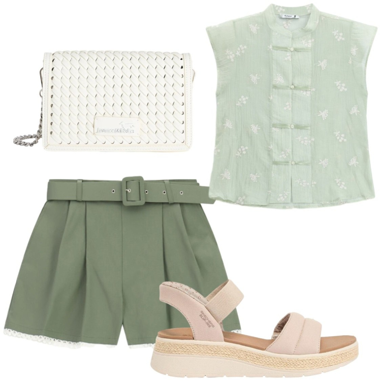 Outfit donna - Chic in pantaloncino. Stile Chic per Tutti i giorni. Abbinamento con sandali, borse a tracolla, camicie a manica corta, shorts.