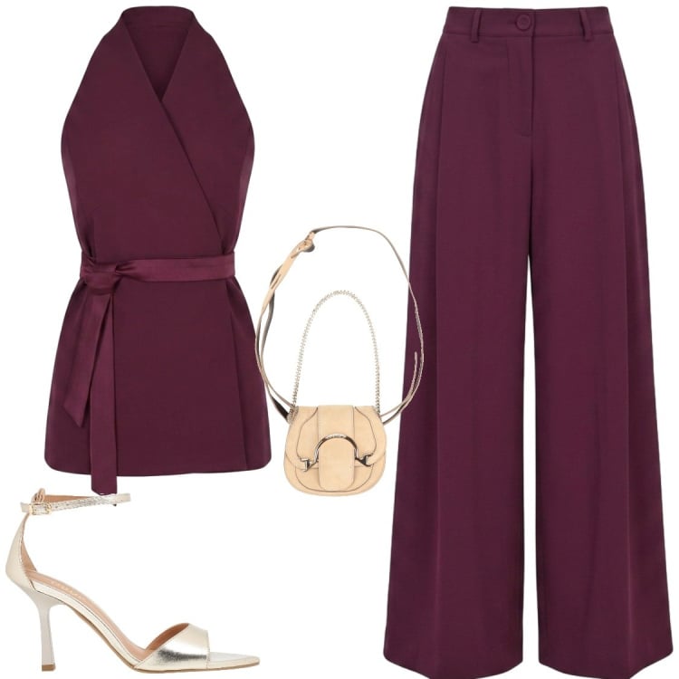 Outfit donna - Eventi. Stile Chic per Cerimonia. Abbinamento con marsupi, sandali in pelle, top, pantaloni a palazzo.