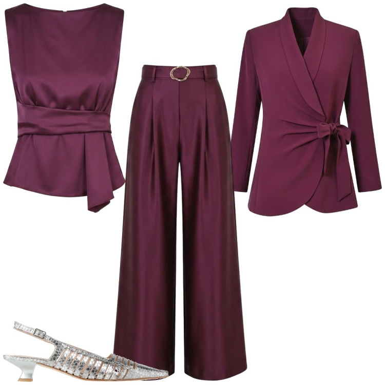 Outfit donna - Eventi. Stile Bon Ton per Cerimonia. Abbinamento con décolleté, top, blazer, pantaloni a palazzo.