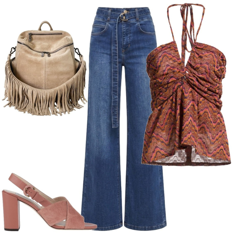Outfit donna - Jeans e top. Stile Boho per Serata fuori. Abbinamento con sandali in pelle, top, zaini, jeans.
