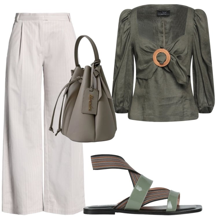 Outfit donna - Fredde serate estive. Stile Chic per Serata fuori. Abbinamento con sandali in pelle, pantaloni, top, borse a secchiello.