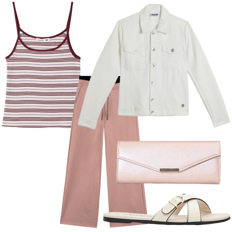 Outfit donna - Minimal. Stile Glamour per Tutti i giorni. Abbinamento con ciabatte, canottiere, pochette, giacche, pantaloni.