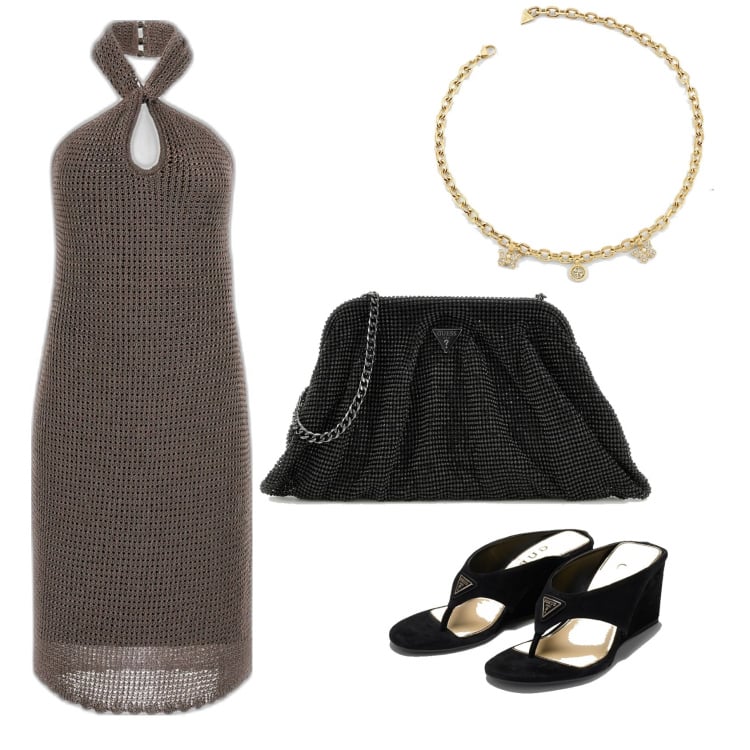 Outfit mujer - Trendy look. Estilo Trendy para Todos los días. Combinación con vestidos cortos, zapatos de cuña, clutch, collares.