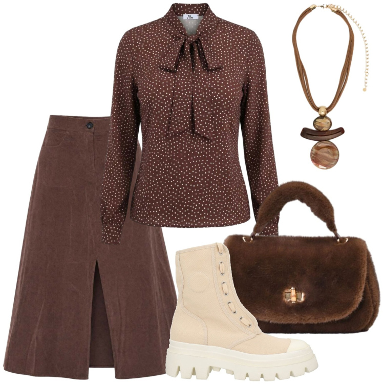 Outfit donna - Stile brown. Stile Casual per Tutti i giorni. Abbinamento con stivaletti, bluse, gonne lunghe, ciondoli, borse a mano.