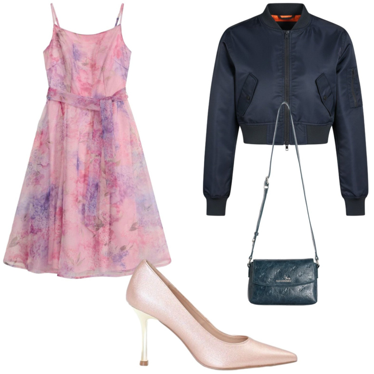 Outfit donna - Abito romantico. Stile Glamour per Tutti i giorni. Abbinamento con vestiti corti, borse a tracolla, bomber, décolleté.