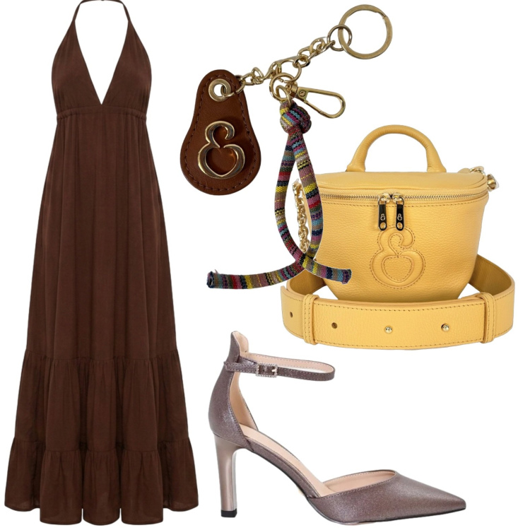 Outfit donna - Abito con balze. Stile Casual per Serata fuori. Abbinamento con vestiti lunghi, borse a tracolla, portachiavi, décolleté.