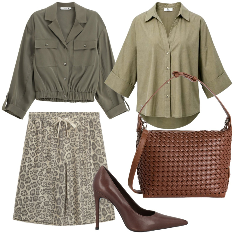 Outfit donna - Gonna maculata. Stile Glamour per Tutti i giorni. Abbinamento con décolleté, camicie a manica corta, borse a spalla, bermuda, camicie.