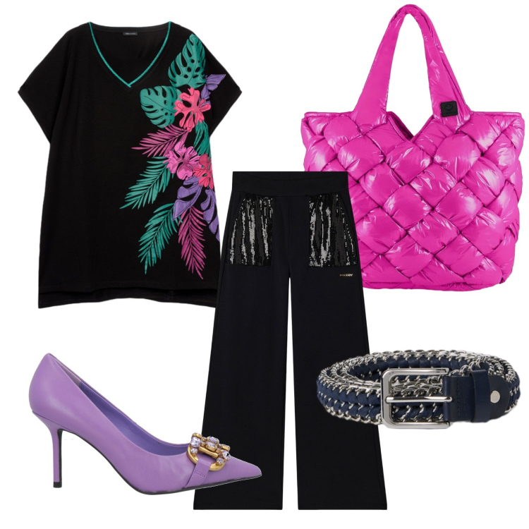Outfit donna - Touch fuxia. Stile Etnico per Tutti i giorni. Abbinamento con décolleté, cinture, t-shirt, pantaloni, borse tote.