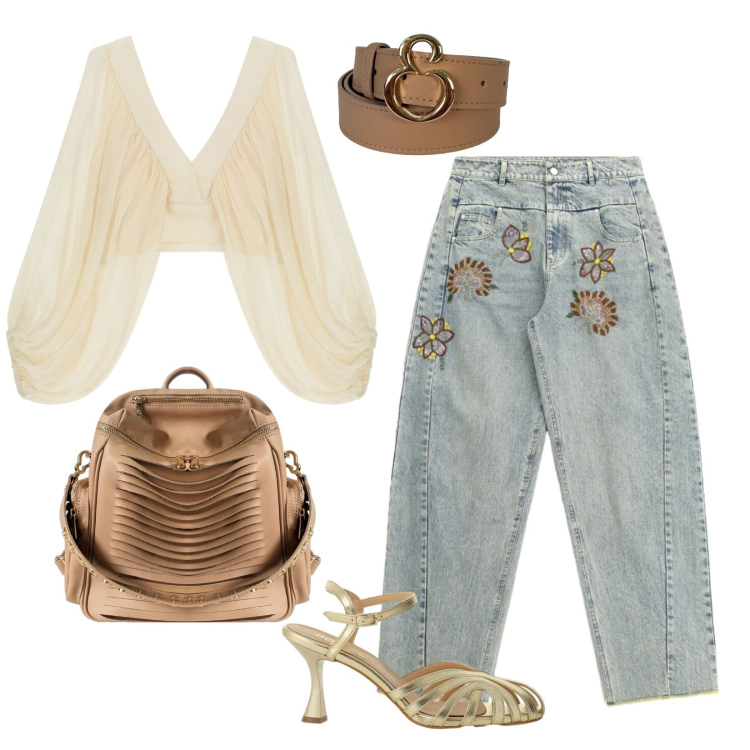 Outfit donna - L\'arte dello zaino. Stile Boho per Tutti i giorni. look ideale per Tall. Abbinamento con cinture, zaini, jeans, sandali col tacco, top.