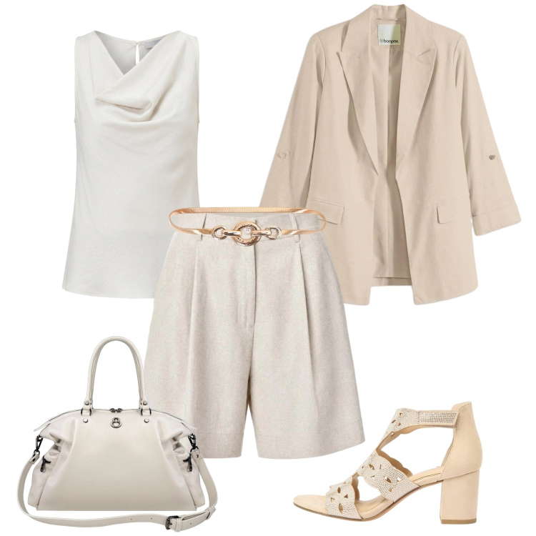 Outfit donna - Serata informale in lino. Stile Glamour per Serata fuori. Abbinamento con sandali col tacco, blazer, shorts, shopping bag, cinture, canottiere.