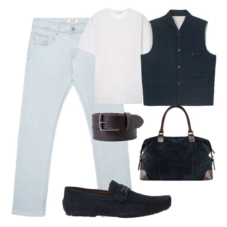 Outfit uomo - Weekend a luglio. Stile Urban per Tutti i giorni. Abbinamento con scarpe stringate, jeans, t-shirt, borse sportive, cinture, gilet.