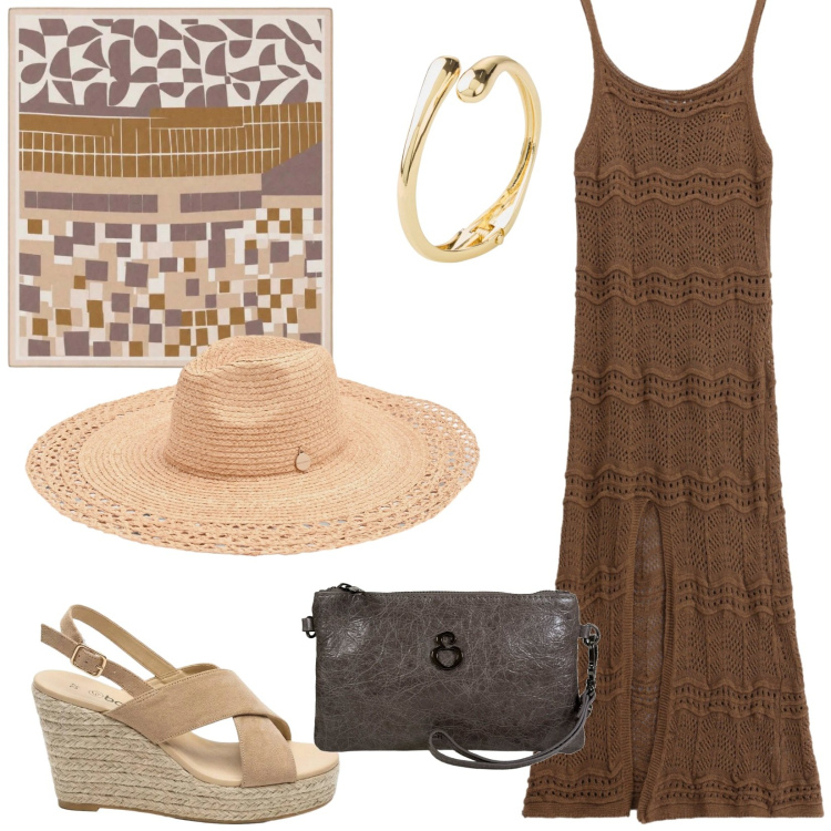 Outfit donna - Total look #2440077. Stile Chic per Tutti i giorni. Abbinamento con braccialetti, sandali col tacco, foulard, pochette, vestiti lunghi, cappelli.