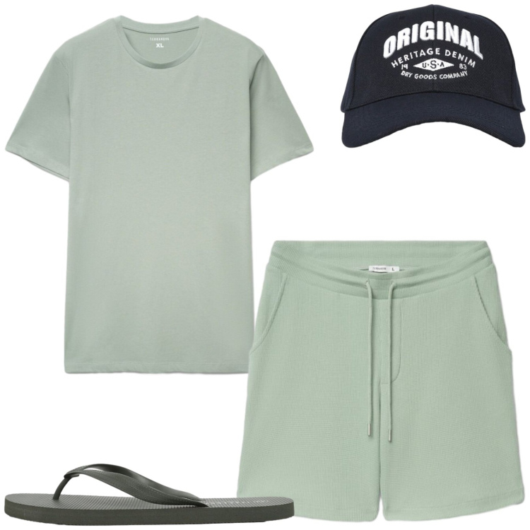 Outfit uomo - Total look #2440078. Stile Casual per Mare. Abbinamento con cappelli con visiera, t-shirt, sandali, bermuda.