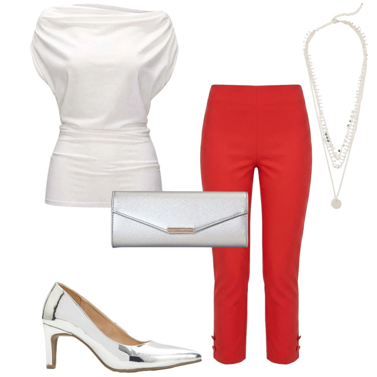 Outfit donna - Total look #2440083. Stile Chic per Serata fuori. Abbinamento con collane, décolleté, top, pantaloni, clutch.
