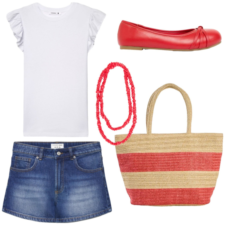 Outfit donna - Outfit inspiration. Stile Casual chic per Tutti i giorni. Abbinamento con shopping bag, ballerine, shorts, t-shirt, collane.