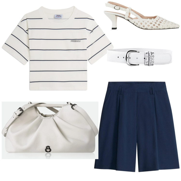 Outfit donna - Parisienne. Stile Chic per Tutti i giorni. Abbinamento con décolleté, bermuda, cinture, clutch, t-shirt.
