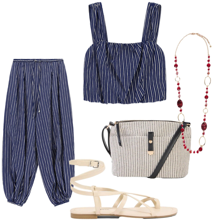 Outfit donna - Total look #2440096. Stile Basic per Tutti i giorni. look ideale per Petite. Abbinamento con borse a tracolla, sandali, pantaloni a palazzo, top, collane.