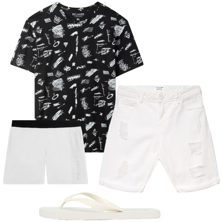 Outfit uomo - Total look #2440097. Stile Trendy per Mare. Abbinamento con t-shirt, bermuda, sandali, costumi.