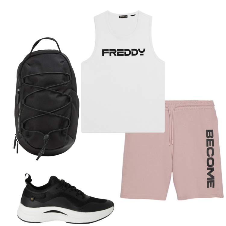 Outfit uomo - Total look #2440099. Stile Trendy per Sport. Abbinamento con bermuda, borse sportive, sneakers, canottiere.