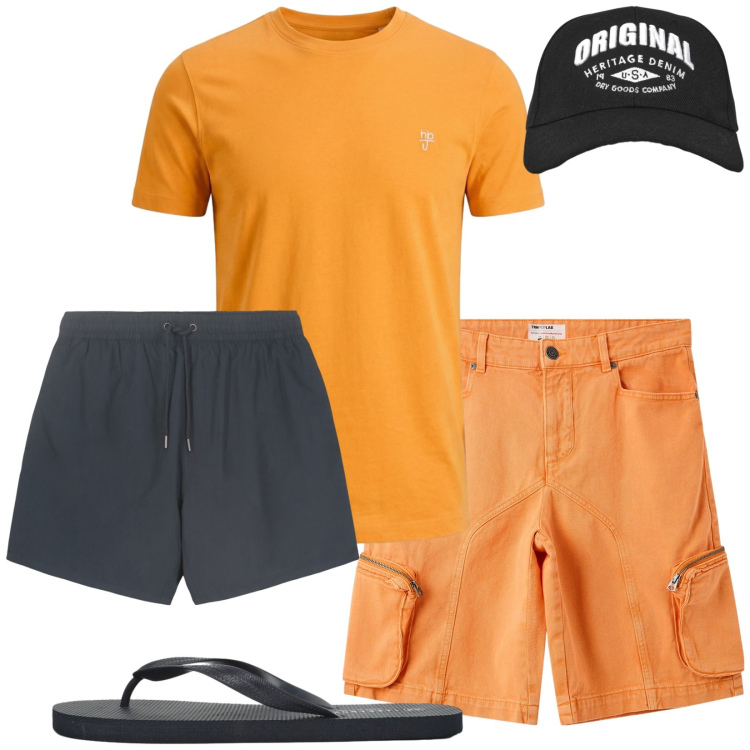 Outfit uomo - Total look #2440102. Stile Trendy per Mare. Abbinamento con t-shirt, pantaloni corti, cappelli con visiera, sandali, costumi.