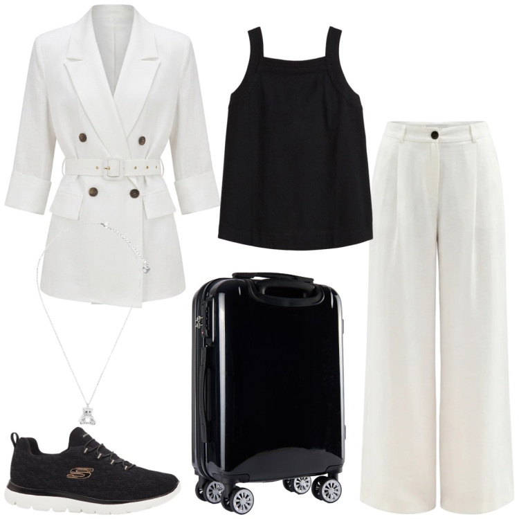 Outfit donna - Total look #2440104. Stile Casual chic per Tutti i giorni. Abbinamento con sneakers, bluse, pantaloni a palazzo, blazer, ciondoli, valigie.
