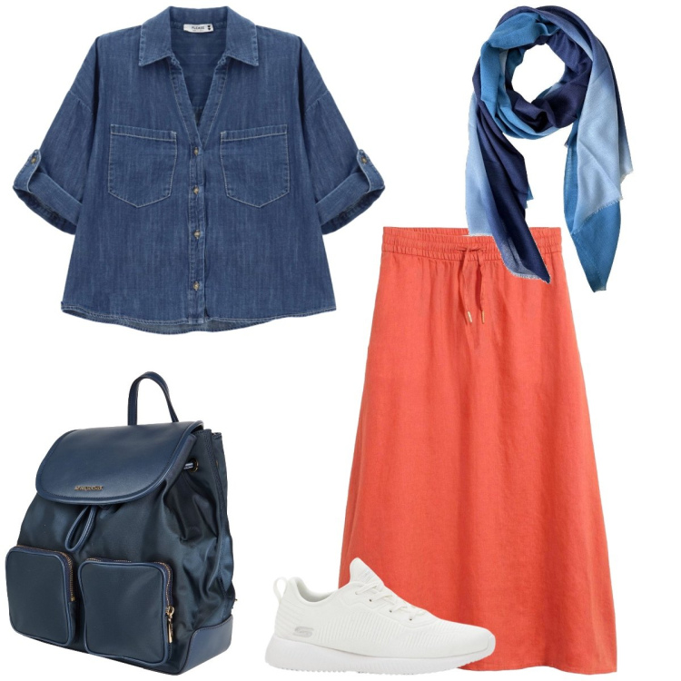 Outfit donna - Total look #2440107. Stile Casual per Tutti i giorni. Abbinamento con zaini, sneakers, gonne lunghe, foulard, camicie.