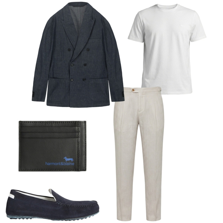 Outfit uomo - Total look #2440110. Stile Business/Elegante per Cerimonia. Abbinamento con t-shirt, scarpe stringate, portafogli, pantaloni chino, giacche.