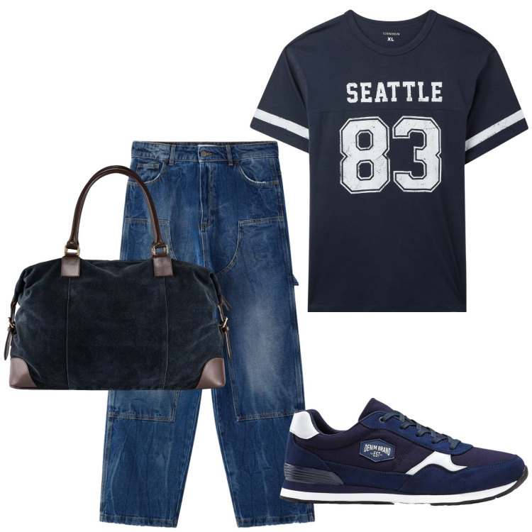 Outfit uomo - Total look #2440119. Stile Trendy per Tutti i giorni. Abbinamento con sneakers, t-shirt, jeans dritti, borse sportive.