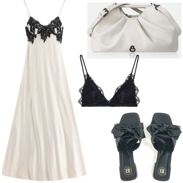 Outfit donna - Serata fuori Chic. Stile Chic per Serata fuori. Abbinamento con clutch, vestiti lunghi, reggiseni, ciabatte.