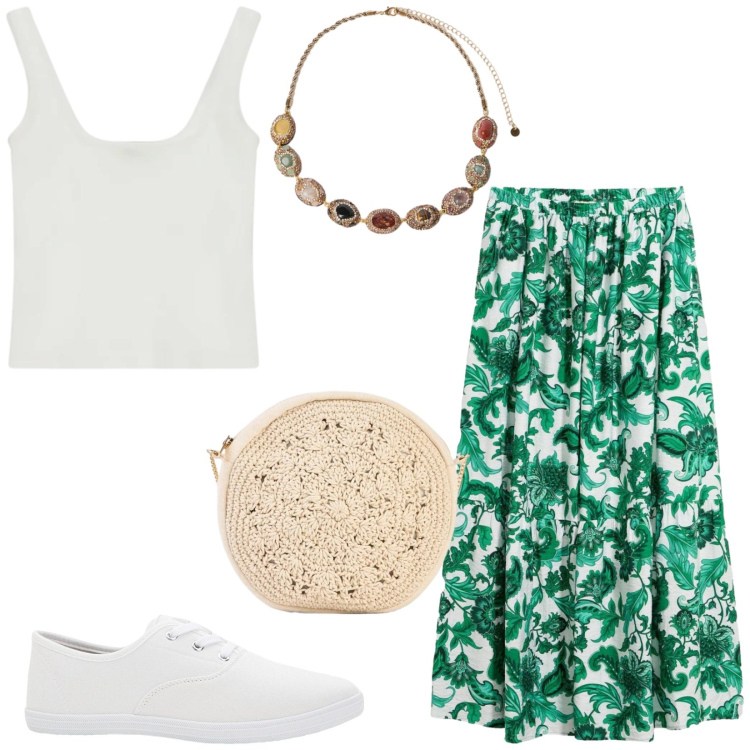 Outfit donna - Total look #2440127. Stile Casual per Mare. Abbinamento con sneakers, borse a tracolla, gonne lunghe, top, collane.