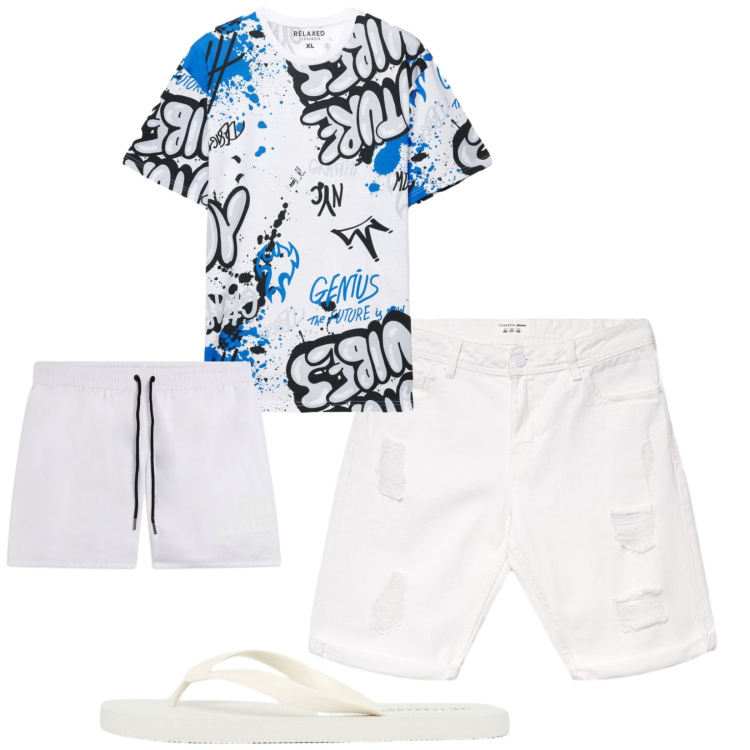Outfit uomo - Total look #2440128. Stile Casual per Mare. Abbinamento con t-shirt, bermuda, sandali, costumi.