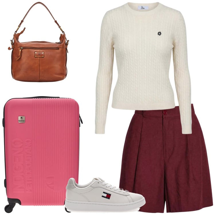 Outfit donna - Si parte!. Stile Basic per Tutti i giorni. Abbinamento con shorts, maglieria, sneakers, borse a spalla, valigie.