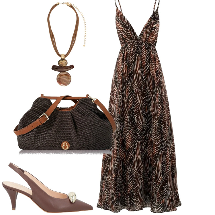 Outfit donna - Luglio. Stile Romantica per Tutti i giorni. Abbinamento con décolleté, vestiti lunghi, clutch, ciondoli.