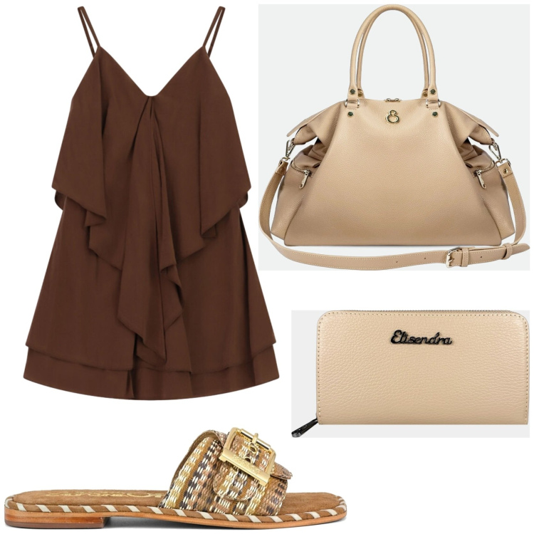 Outfit donna - Accessori beige. Stile Chic per Tutti i giorni. Abbinamento con shopping bag, portafogli, vestiti corti, ciabatte.