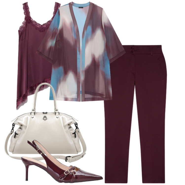 Outfit donna - Fiorella Rubino. Stile Urban per Tutti i giorni. Abbinamento con shopping bag, kimono, pantaloni, top, décolleté.