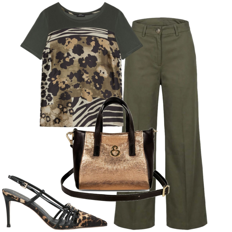 Outfit donna - City. Stile Casual chic per Tutti i giorni. Abbinamento con décolleté, pantaloni a palazzo, borse a mano, t-shirt.