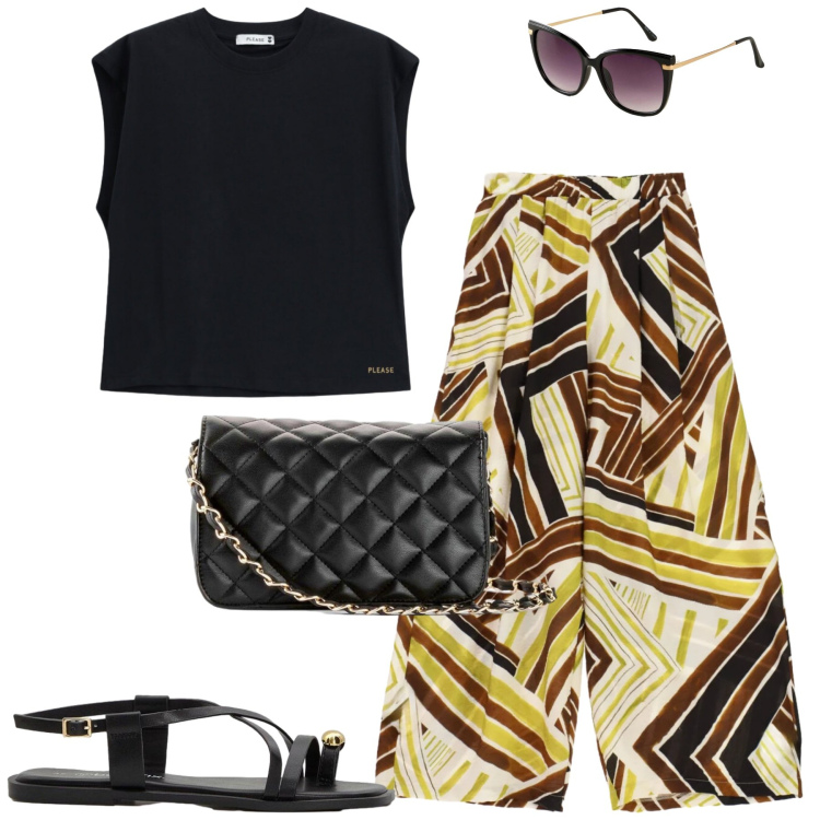 Outfit donna - Luglio. Stile Casual chic per Tutti i giorni. Abbinamento con sandali, occhiali da sole, borse a tracolla, pantaloni a palazzo, top.