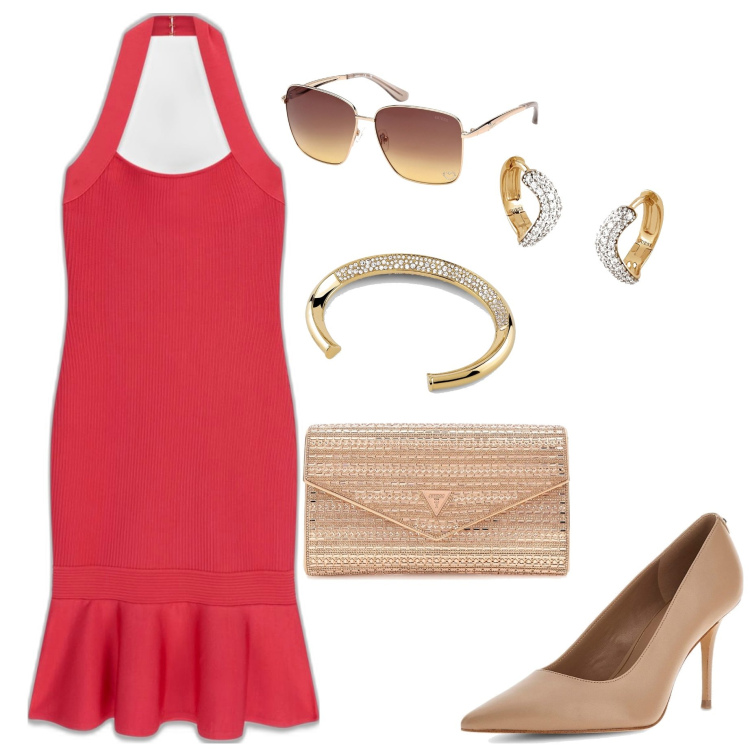 Outfit mujer - Glamour #3789. Estilo Glamour para Todos los días. Combinación con salones, pulseras, clutch, pendientes, vestidos midi/longuettes, gafas de sol.