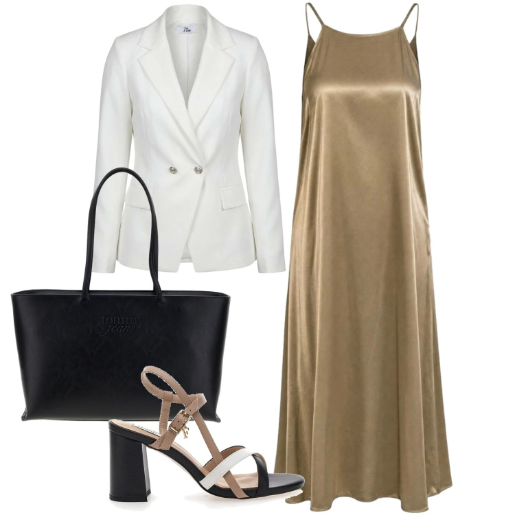 Outfit donna - Mix perfetto. Stile Minimal per Ufficio. Abbinamento con vestiti lunghi, blazer, sandali col tacco, borse a spalla.