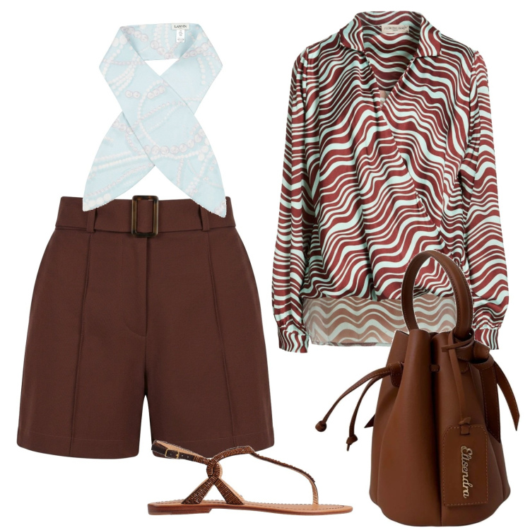 Outfit donna - Come le onde del mare. Stile Trendy per Tutti i giorni. Abbinamento con top, sciarpe, infradito, borse a secchiello, shorts.