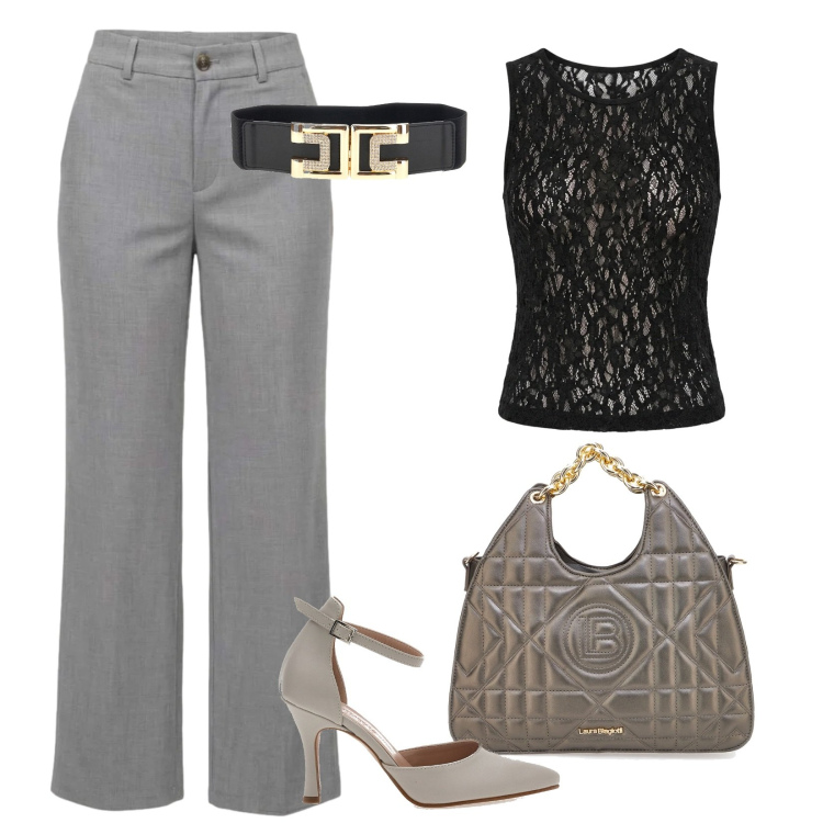 Outfit donna - Dettagli ricercati. Stile Chic per Serata fuori. Abbinamento con pantaloni, top, décolleté, borse a mano, cinture.