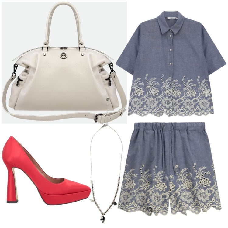 Outfit donna - Urban girl. Stile Casual per Tutti i giorni. Abbinamento con décolleté, shopping bag, ciondoli, shorts, camicie a manica corta.
