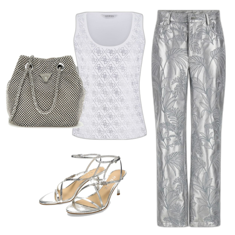 Outfit mujer - Glamour look. Estilo Glamour para Noche/Fiesta elegante. Combinación con camisetas sin mangas, bolsos de mano, sandalias de tacón, pantalones.