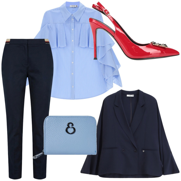 Outfit donna - Passione blue. Stile Trendy per Ufficio. Abbinamento con décolleté, pantaloni chino, portafogli, blazer, camicie.