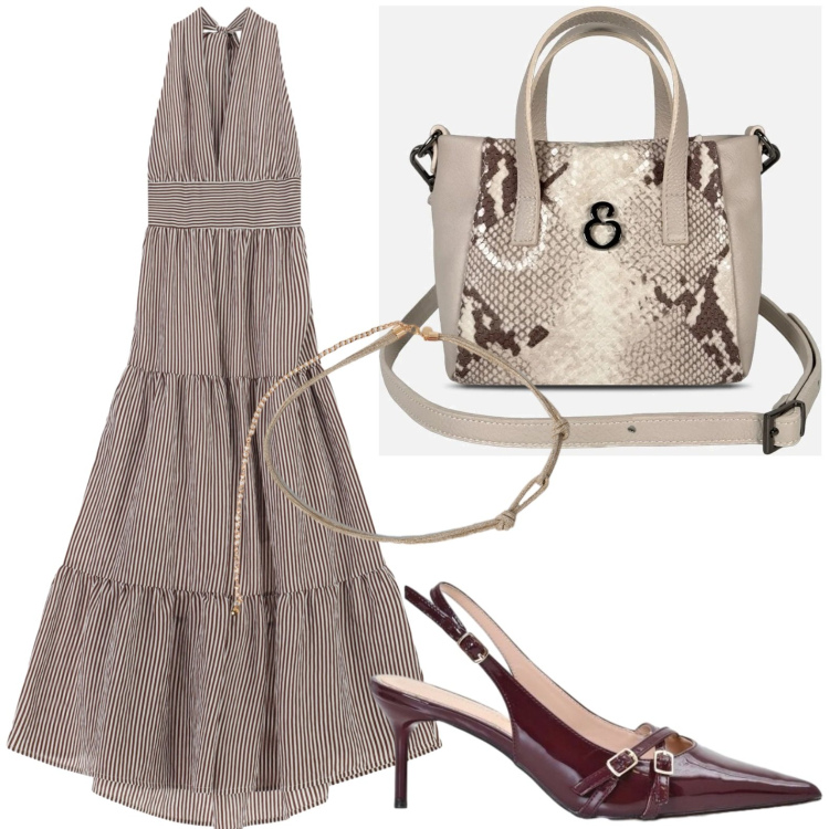 Outfit donna - Abito con balze. Stile Glamour per Tutti i giorni. Abbinamento con borse a mano, cinture, vestiti lunghi, décolleté.