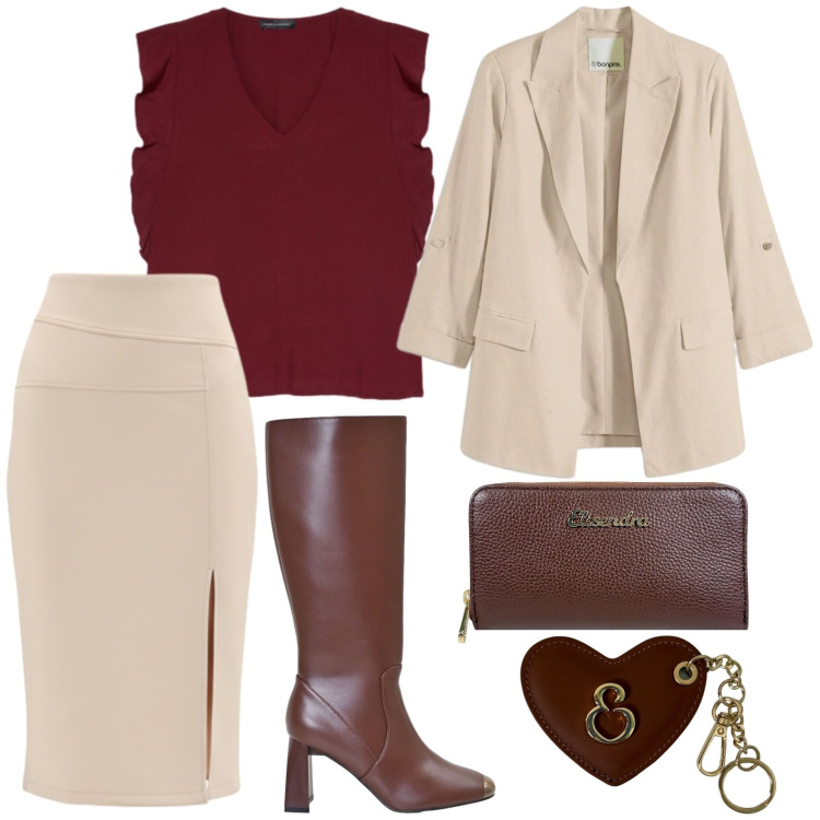 Outfit donna - Portachiavi a cuore. Stile Glamour per Ufficio. Abbinamento con blazer, portachiavi, portafogli, canottiere, gonne longuette, stivali sopra il ginocchio.