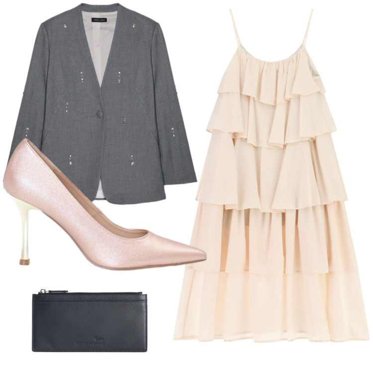 Outfit donna - Vestito con balze. Stile Glamour per Serata fuori. Abbinamento con décolleté, vestiti lunghi, portafogli, blazer.