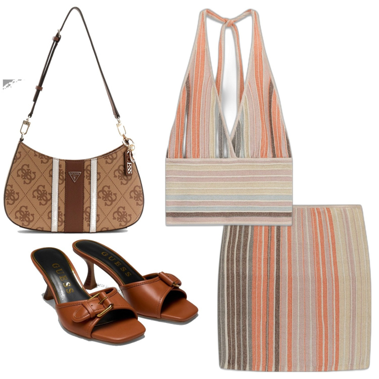 Outfit mujer - Glamour. Estilo Glamour para Todos los días. Combinación con sandalias de piel, bolsos de hombro, minifaldas, top.