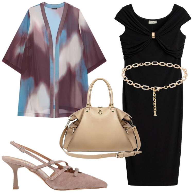 Outfit donna - Total look #2440195. Stile Chic per Serata fuori. Abbinamento con décolleté, vestiti corti, shopping bag, kimono, cinture.